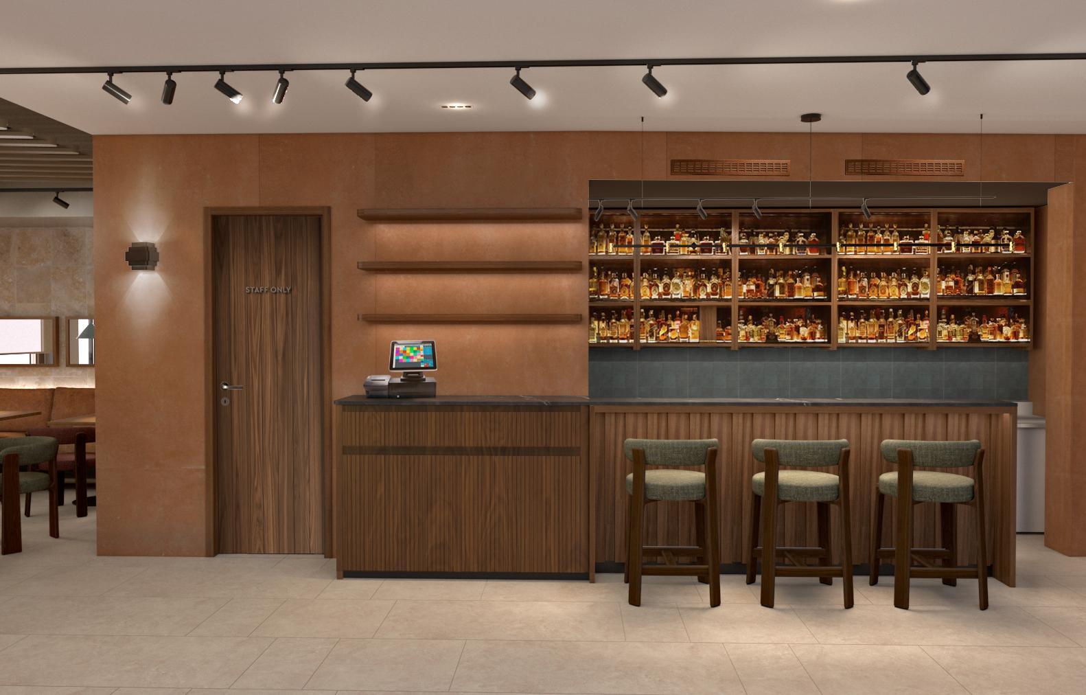 A warm Armerun bar with wood, bottles, and intimate seating.